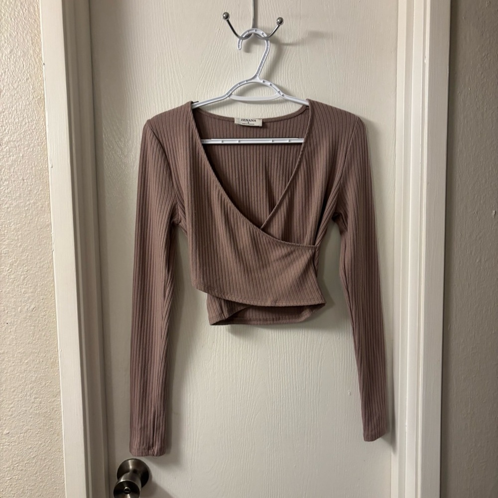 Zenana Outfitters Ribbed Wrap Crop Top in Brown